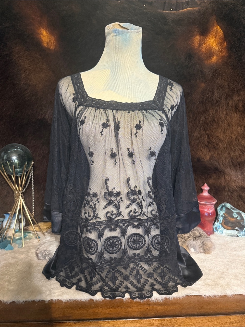 Black Sheer Embroidered Square-Neck Women’s Top M (3045A)